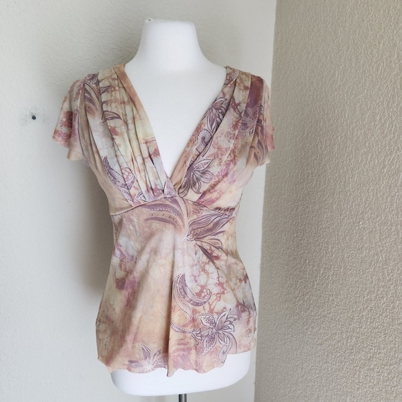 Y2K Express Babydoll Top Womens Large Beige Brown Floral Pleated Mesh Lined V - Picture 13 of 13